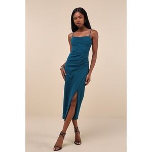 Lulus Always Turning Heads Dark Teal Bustier Tulip Midi Dress Blue - Size M